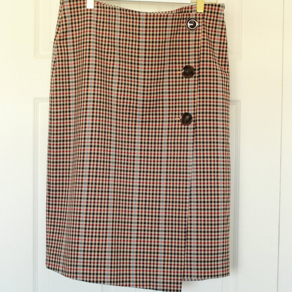 Ann Taylor plaid faux wrap button front skirt size 12
